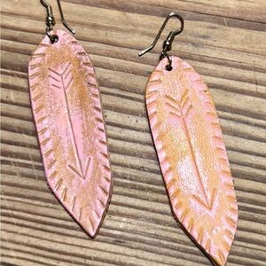 Pink and Gold Feather Shaped Earrings with Engraved Texture